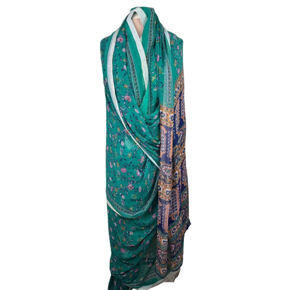Green Brown Long Scarf Silk Floral Around Neck Rectangle Shaped Regular Fit - Picture 1 of 6